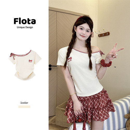 【flota】格纹斜肩绑带蝴蝶结刺绣短袖夏季辣妹显瘦短款上衣2385