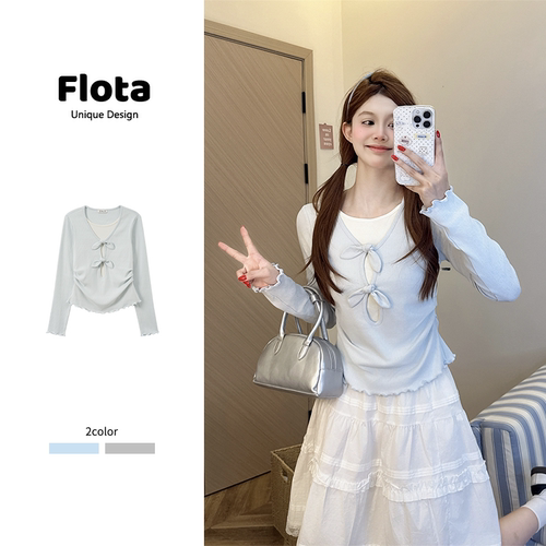 【flota】假两件蝴蝶结拼接木耳边长袖T恤秋季修身显瘦短上衣2555