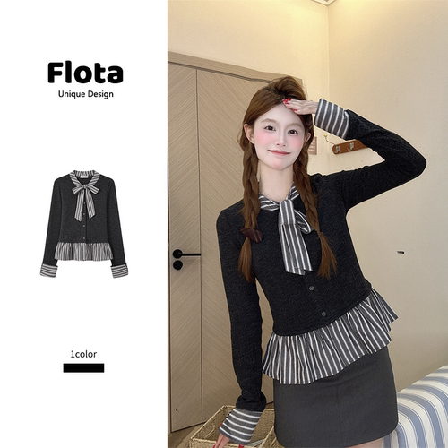 【flota】设计感条纹绑带蝴蝶结针织长袖秋季荷叶边拼接上衣2585