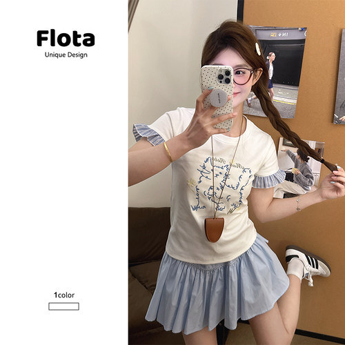 【flota】可爱减龄猫咪刺绣拼接荷叶袖夏季短袖正肩修身上衣1500
