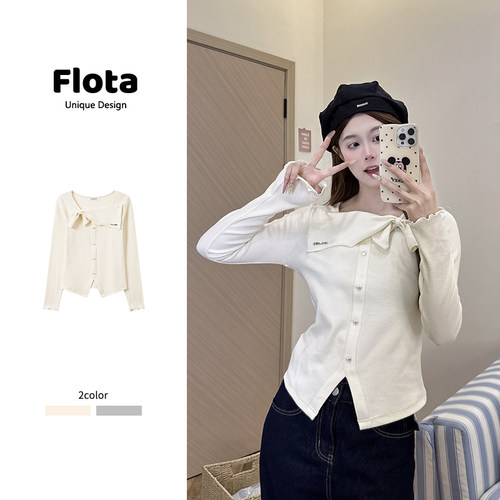 【flota】不规则设计感法式爱心纽扣长袖女秋季显瘦开叉上衣2445