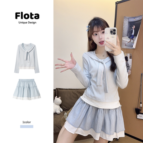 【flota】韩系穿搭蓝色披肩绑带长袖T恤秋季修身显瘦拼接上衣2451