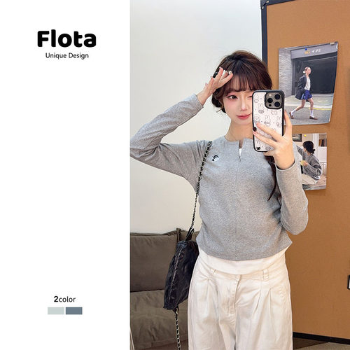 【flota】2025秋季新款收腰显瘦正肩长袖女百搭假两件短上衣2944