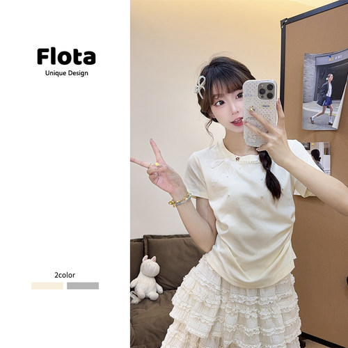 【flota】甜美风钉珠蕾丝蝴蝶结短袖T恤夏季修身显瘦短款上衣1349