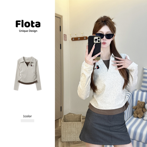 【flota】撞色假两件翻领刺绣收腰短款长袖秋季显瘦百搭上衣2863
