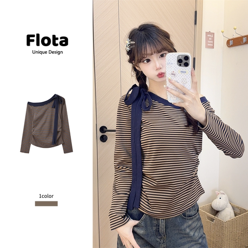 【flota】美式复古条纹斜肩绑带长袖T恤早秋新款显瘦撞色上衣2467