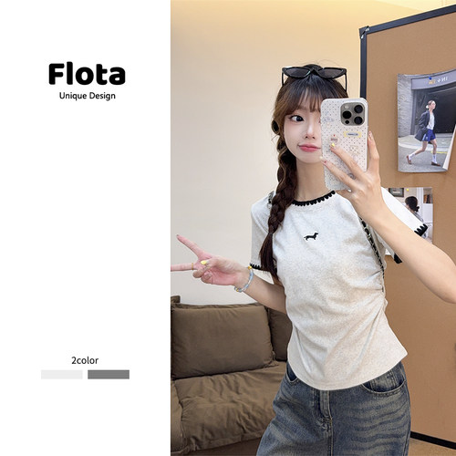 【flota】美式复古刺绣别致圆领短袖T恤夏季通勤显瘦短款上衣1310