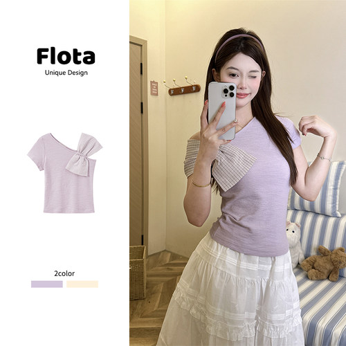 【flota】甜辣斜领露肩格纹蝴蝶结短袖夏季修身显瘦短款上衣2090