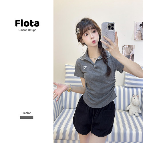 【flota】休闲风刺绣明线翻领短袖T恤夏季收腰显瘦灰色上衣女1408