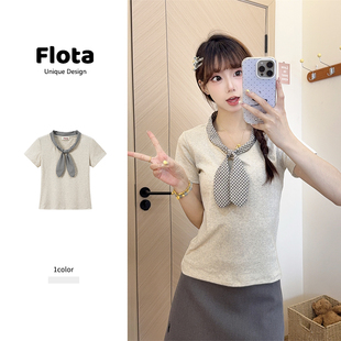 【flota】韩系格纹兔耳朵领带短袖T恤夏季学院风减龄短款上衣1966