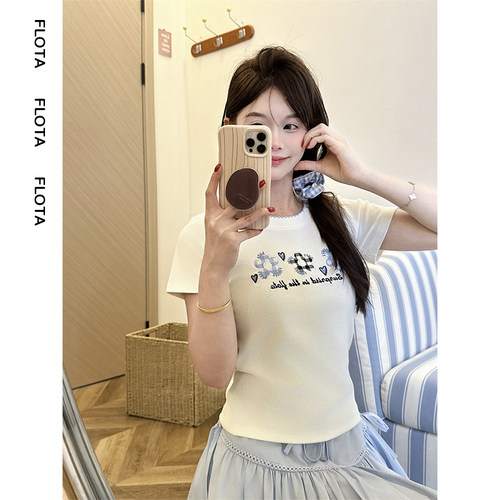 【flota】美式复古格纹花朵刺绣短袖夏季辣妹修身显瘦短上衣1744