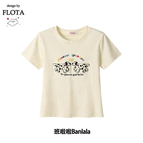 【flota】植绒刺绣斑点小狗短袖T恤女2025夏季新款直筒版百搭上衣