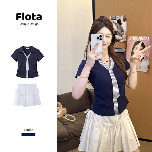 【flota】韩系学院风格纹领带拼接Polo领短袖夏季藏蓝色上衣2158