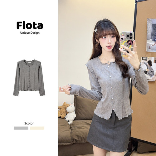 【flota】独特别致木耳边长袖针织衫秋季韩版显瘦薄款上衣女2423
