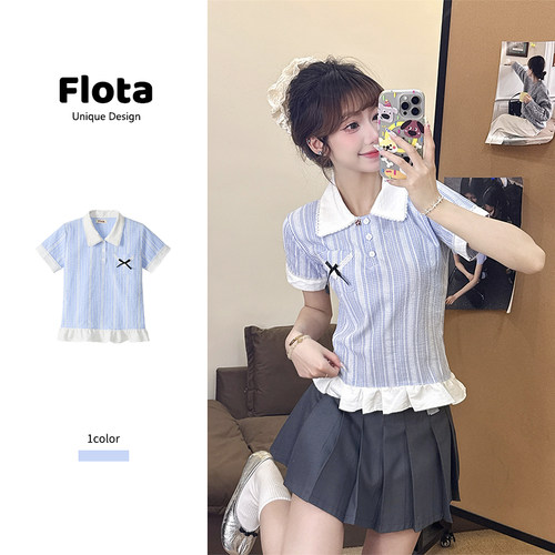 【flota】韩系甜美蓝色格纹Polo领短袖夏季荷叶边拼接短上衣1055