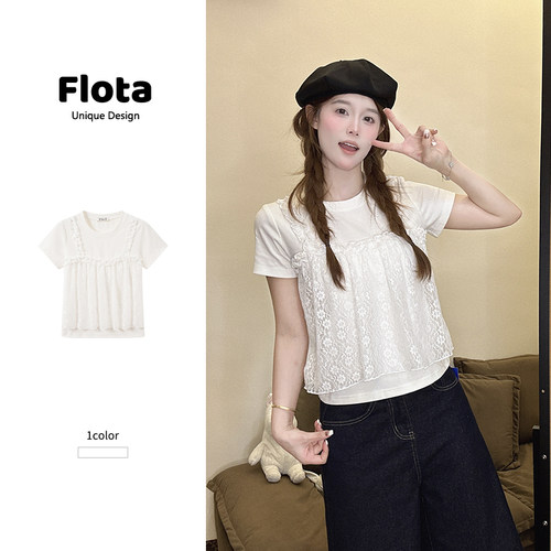 【flota】甜辣风蕾丝网纱吊带拼接短袖T恤夏季设计感白色上衣2380