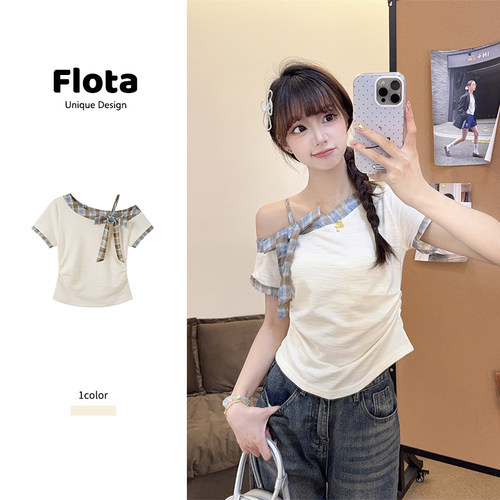 【flota】甜辣风格纹蝴蝶结斜肩短袖T恤夏季修身显瘦短款上衣2102