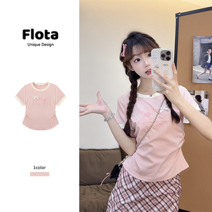 flota 显瘦韩版 粉色兔子印花拼色圆领短袖 修身 短上衣0337 夏季
