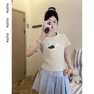 flota 显瘦短款 植绒卡通拼色条纹插肩短袖 修身 上衣1713 女夏季