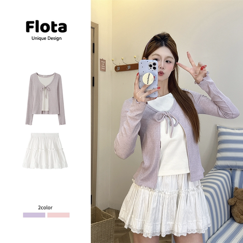 【flota】撞色假两件绑带蝴蝶结长袖秋季百搭打底甜美上衣女2630