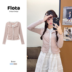 翻领蝴蝶结绑带针织蕾丝拼接立体纽扣别致独特上衣2955 flota