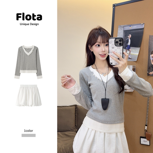 【flota】灰色假两件V领纽扣正肩长袖T恤休闲百搭撞色短上衣2602