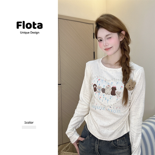 【flota】韩系可爱钉珠卡通小狗印花长袖T恤秋季修身短款上衣2732