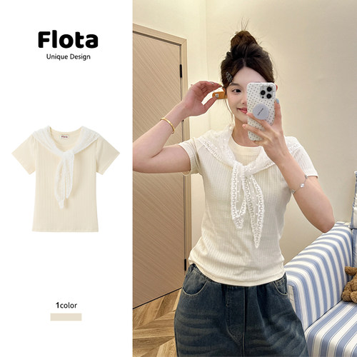 【flota】韩版甜美蕾丝披肩假两件圆领短袖夏季正肩显瘦上衣1552