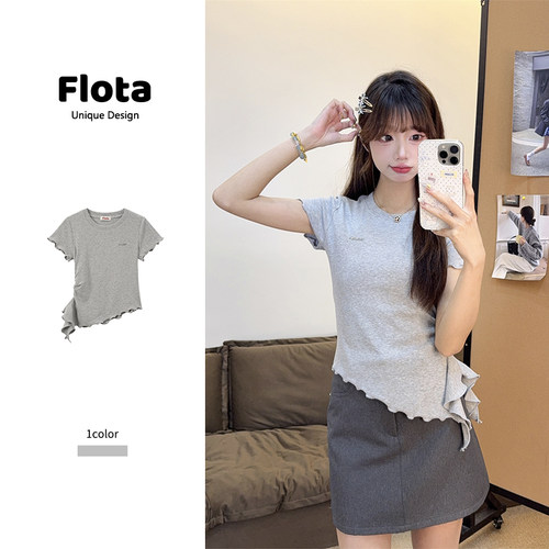 【flota】美式辣妹风不规则木耳边短袖夏季新款收腰显瘦上衣1952