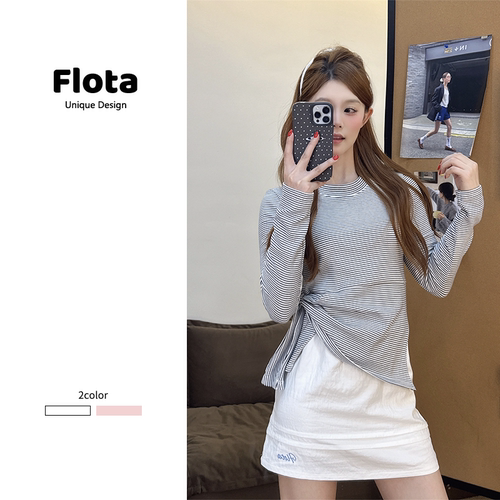 【flota】韩系慵懒风条纹不规则长袖T恤秋季内搭绑带收腰上衣2607
