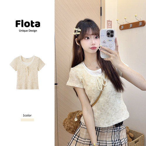 【flota】美式复古撞色拼接绑带扎染短袖夏季新款显瘦短上衣2209