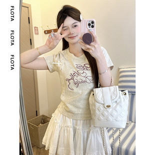 flota 显瘦短款 甜妹字母刺绣蕾丝拼接短袖 新款 上衣1670 女夏季