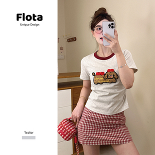 flota 修身 趣味卡通植绒小狗拼色圆领短袖 新款 上衣1326 t恤夏季