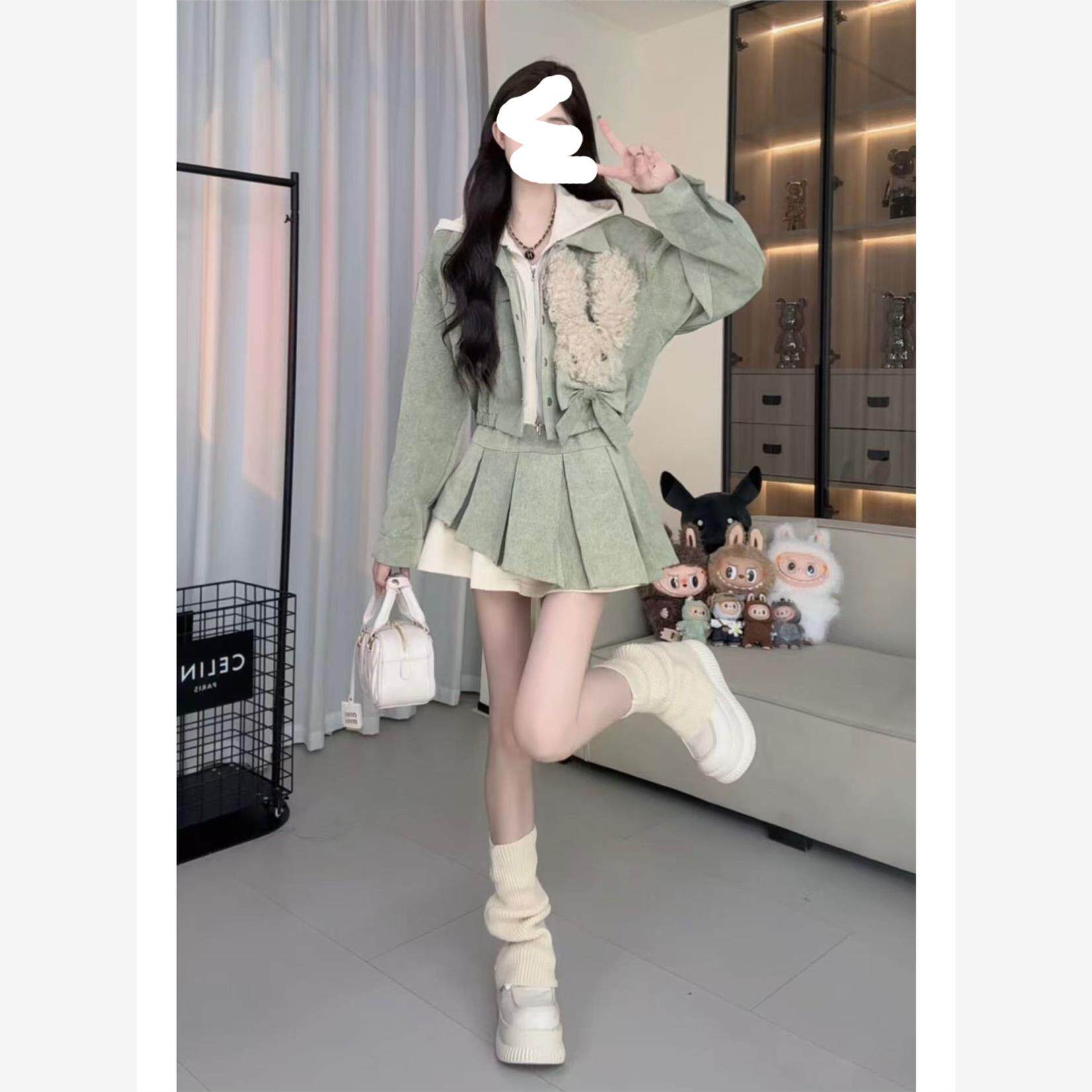 韩系甜美风套装假两件收腰外套上衣秋季高腰显瘦半身裙子两件套女
