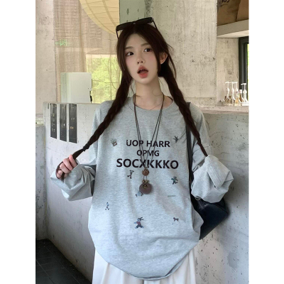 美式灰色纯棉长袖t恤女春