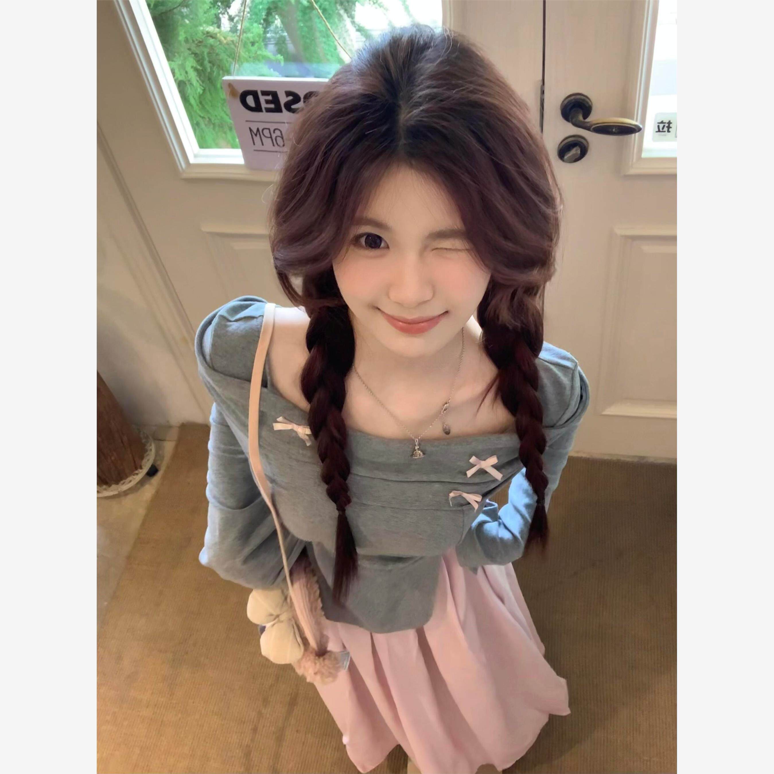 甜美温柔风蝴蝶结连衣裙女秋冬不规则高腰粉色长裙子穿搭一整套装