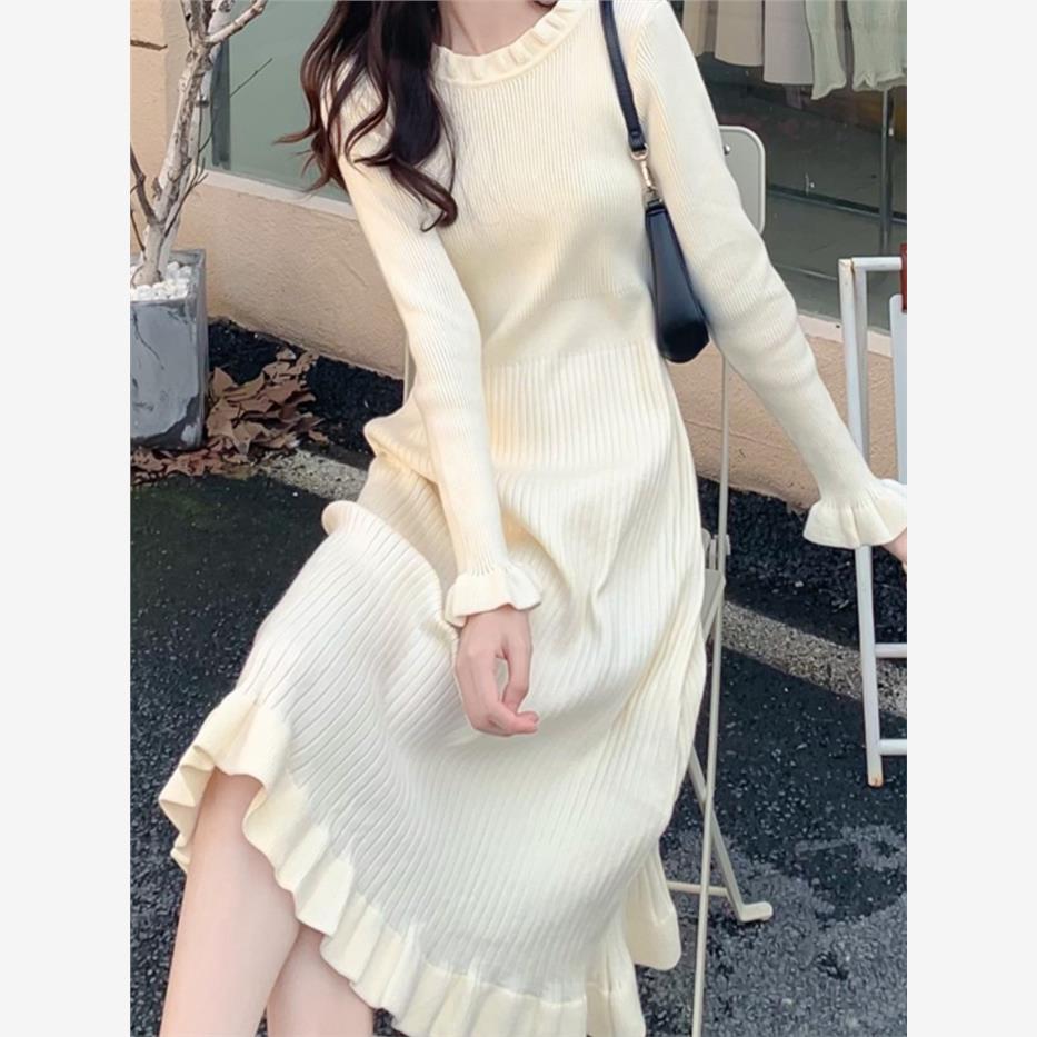 大码打底圆领毛衣裙女2025年秋冬胖mm法式小众过膝显瘦针织连衣裙