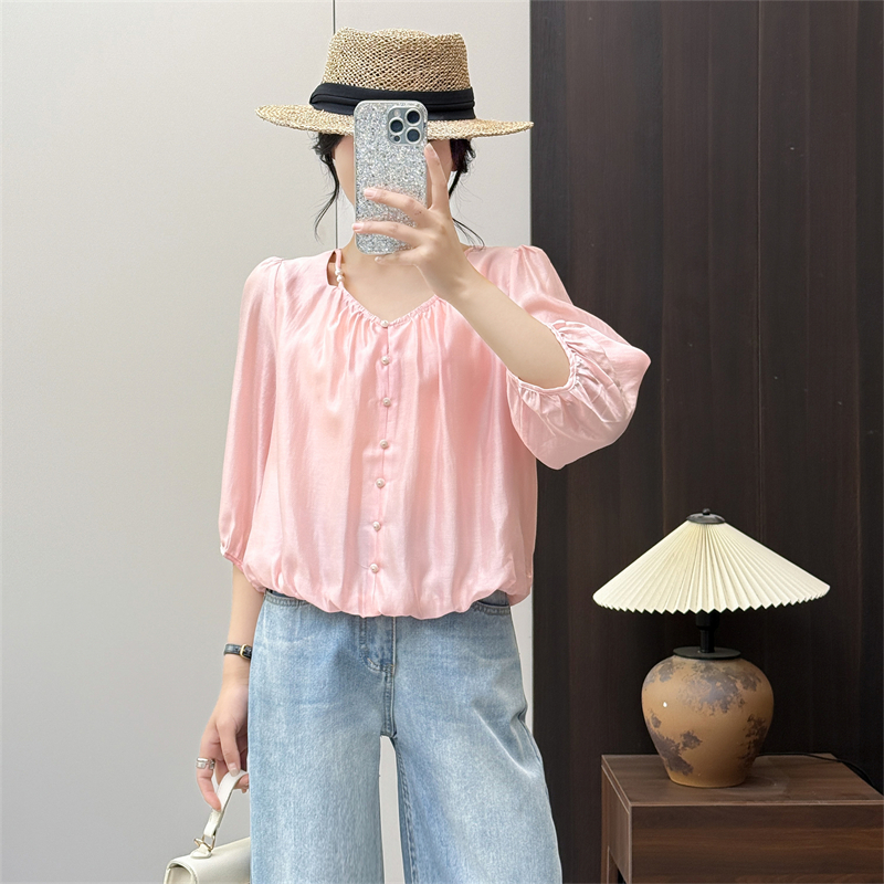惠衣阁春夏女七分袖衬衫欧根纱衬衣韩版甜美短款衬衫短款上衣减龄