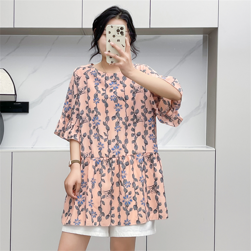 惠衣阁夏季女短袖衬衫套头圆领衬衣韩版宽松休闲印花中长款衬衫