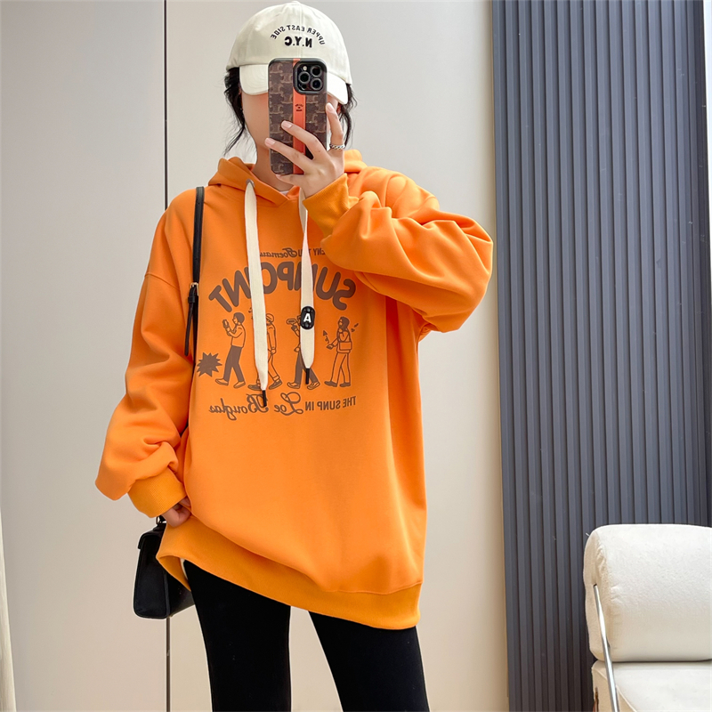 惠衣阁秋女棉质长袖连帽卫衣中长款卫衣韩版宽松休闲加厚卫衣外套