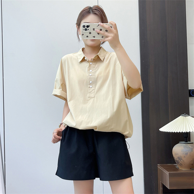 惠衣阁夏季女棉质短袖衬衫半套头上衣韩版宽松休闲抽绳衬衣大码