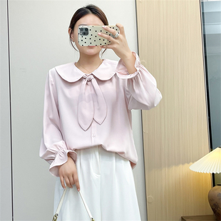 惠衣阁初秋女长袖衬衫领结衬衫韩版休闲通勤衬衣可脱卸领结上衣