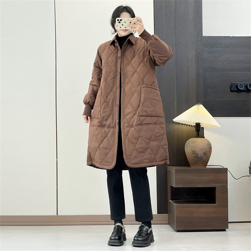 惠衣阁秋冬女立领棉衣中长款棉服韩版休闲保暖菱形压线棉服外套