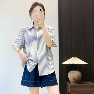 惠衣阁夏季女棉质短袖衬衫条纹衬衫韩版宽松休闲条纹衬衣条纹上衣