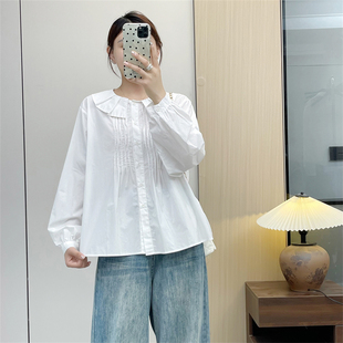 惠衣阁秋女棉质长袖衬衫娃娃领衬衫韩版宽松休闲白色衬衣a字上衣