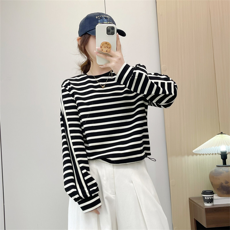 惠衣阁春季女棉质长袖t恤衫条纹T恤短款条纹上衣韩版休闲条纹卫衣