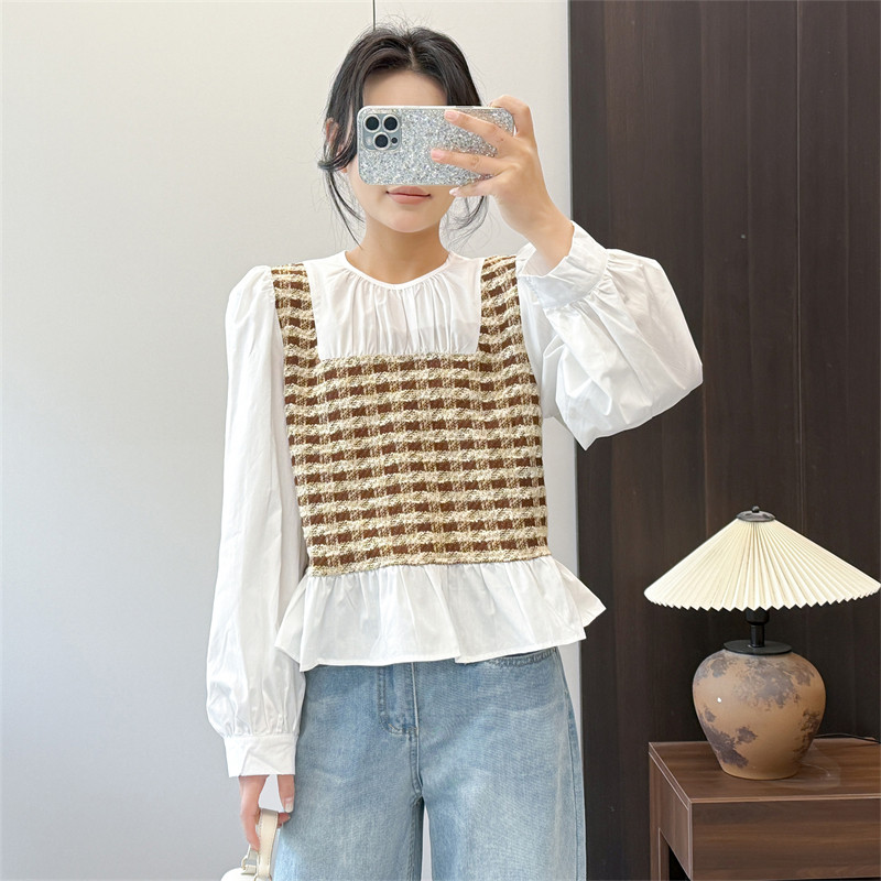 惠衣阁春季女长袖衬衫短款衬衫韩版宽松甜美格子衬衫荷叶边上衣