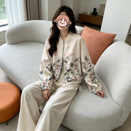 惠衣阁春季女长袖立领夹克衫短款外套韩版复古休闲印花拉链外套