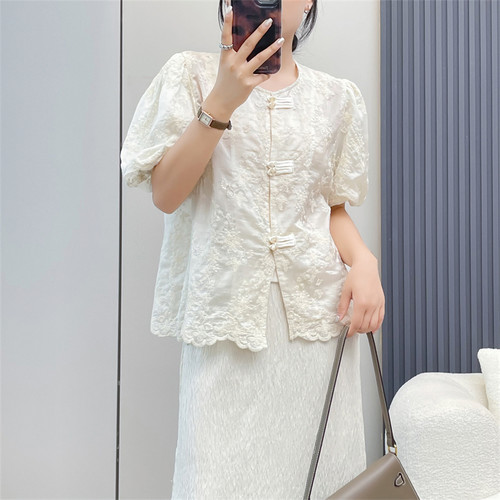 惠衣阁夏季女短袖衬衫重工刺绣衬衣韩版甜美新国风衬衫复古上衣