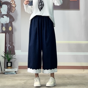 惠衣阁春季女松紧腰牛仔裤牛仔八分裤宽松休闲裤蕾丝花边阔腿裤